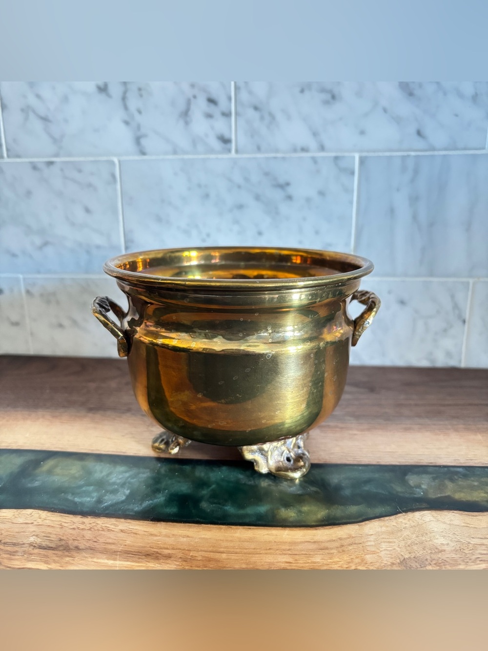 Vintage Brass Jardiniere, Footed Planter with Handles